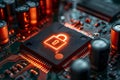 Cybersecurity Concept: Secure Hardware Chip on Circuit Board for Data Protection and Encryption Technology Generative AI