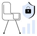 Cybersecurity and Growth Concept with Shield Lock, Chair, and Bar Chart Elements Royalty Free Stock Photo