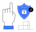 Cybersecurity Concept with Shield, Lock Symbol, Finger Gesture, and Stacked Boxes Royalty Free Stock Photo
