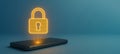 Cybersecurity concept showing glowing lock hologram above smartphone Royalty Free Stock Photo