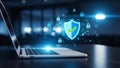 Laptop Cybersecurity Protection Shield. Digital Data Network Security. Blue Technology Background Royalty Free Stock Photo