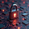 Cybersecurity concept shown with padlock on circuit board. Secure tech data protection. Modern digital tech safety. Protected