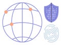Cybersecurity Concepts with Global Network, Digital Shield, and Fingerprint Authentication Royalty Free Stock Photo