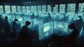 Cybersecurity control operators monitoring digital screens, cybersecurity strategy protecting data privacy, advanced
