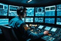 Cybersecurity control room operator monitors digital data on multiple screens