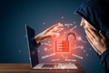 Cybersecurity corporate know-how concept with shocked user