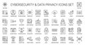 cybersecurity data privacy line icons, encrypted message fingerprint hacker