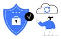 Cybersecurity and Cloud Sync Concept with Shield, Lock, and Person Pointing to Cloud Icon Royalty Free Stock Photo