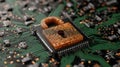 Cybersecurity and Data Protection Concept: Digital 3D Render of an Orange Glowing Padlock Symbol Formed by Pixels on Microchip or Royalty Free Stock Photo