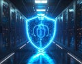 Cybersecurity Data Protection Concept with Digital Shield and Lock Icon in Secure Server Room Royalty Free Stock Photo