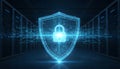 Cybersecurity and Data Protection Concept: Digital Shield with Padlock and Circuitry Safeguarding Information in a Server Room Royalty Free Stock Photo