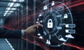 Cybersecurity Data Protection Concept: a Hand Interacting with Digital Interface in Server Room Royalty Free Stock Photo