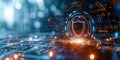 Cybersecurity and data protection concept with shield icon hologram over futuristic interface elements Royalty Free Stock Photo