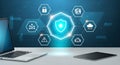 Cybersecurity Data Protection Network Security concept with glowing shield icon blue background laptop tablet Royalty Free Stock Photo