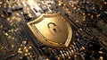 Cybersecurity data protection digital shield padlock network security encryption golden circuit board secure technology golden Royalty Free Stock Photo