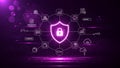 Cybersecurity Data Protection Network Security Concept. Digital Information Privacy with Glowing Purple Technology Background. Royalty Free Stock Photo