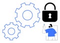 Data Security Concept with Gears, Lock Symbol, and Man Holding a Key Icon Royalty Free Stock Photo