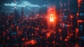 Cybersecurity digital lock data protection network security firewall hologram glowing padlock smart city cyber attack defense Royalty Free Stock Photo