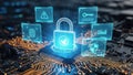 Cybersecurity concept with glowing padlock and security icons on a high-tech circuit background Royalty Free Stock Photo