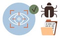 Cybersecurity Elements Including Eye Scanner, Bug Icon, and Binary Code on File Folder Royalty Free Stock Photo