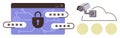 Cybersecurity Elements with Lock, Passwords, and Surveillance Camera in a Cloud Environment Royalty Free Stock Photo