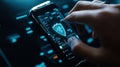 Cybersecurity engineer managing security on mobile device with futuristic interface