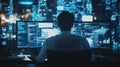 Cybersecurity expert coding data analysis on computer screen network security system development engineer