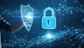 Cybersecurity expert holding digital shield with padlock icon in futuristic data network protection concept Royalty Free Stock Photo