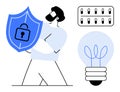 Cybersecurity Expert Holding Shield with Lock, Surrounded by Circuit Board and Light Bulb Graphics Royalty Free Stock Photo