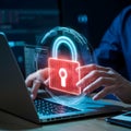 Cybersecurity expert with holographic pad displaying red open padlock