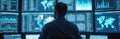 Cybersecurity expert monitors real-time network activity on multiple screens. System data analysis, threat detection, Royalty Free Stock Photo