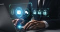 Cybersecurity expert protecting sensitive data with digital locks and encryption on laptop Royalty Free Stock Photo