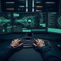 Cybersecurity expert rapidly types defense algorithms on a glowing ergonomic keyboard, backlit by intricate green firewall code fl Royalty Free Stock Photo