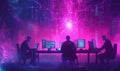 Cybersecurity experts analyzing data in neon-lit environment, coding, technology, teamwork Royalty Free Stock Photo