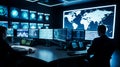 Cybersecurity experts monitor global network activity in high-tech operations center with multiple screens and world map display