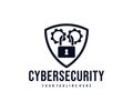 Cybersecurity, gears and lock in the shield, logo design. Security, network protection and personal data protection, vector design