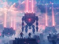 Cybersecurity Guardians Robotic sentinels standing guard over a digital fortress representing the mechanized defense of freedom in