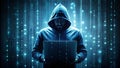 Cybersecurity Hacker Concept Hooded Figure with Laptop in Digital Matrix generative ai