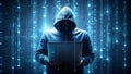 Cybersecurity Hacker Concept Hooded Figure with Laptop in Digital Matrix generative ai