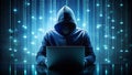 Cybersecurity Hacker Concept Hooded Figure with Laptop in Digital Matrix generative ai