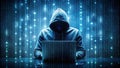 Cybersecurity Hacker Concept Hooded Figure with Laptop in Digital Matrix generative ai