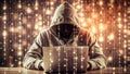 Cybersecurity Hacker Concept Hooded Figure with Laptop in Digital Matrix generative ai