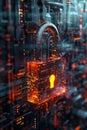 Cybersecurity, A holographic padlock signifies robust digital security amidst complex coding environment.