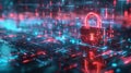 Cybersecurity, A holographic padlock symbolizes robust digital security amid streams of flowing code.