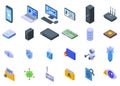 Cybersecurity icons set isometric vector. Camera malware