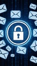 Cybersecurity image with central padlock icon, floating envelopes, binary code backdrop