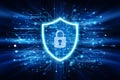 Cybersecurity image shield icon in bright blue amidst abstract digital elements