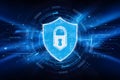 Cybersecurity image shield icon in bright blue amidst abstract digital elements