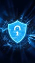 Cybersecurity image shield icon in bright blue amidst abstract digital elements