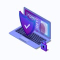 Cybersecurity isometric icon, data security concept, protected computer network, shield with laptop, safety cloud Royalty Free Stock Photo